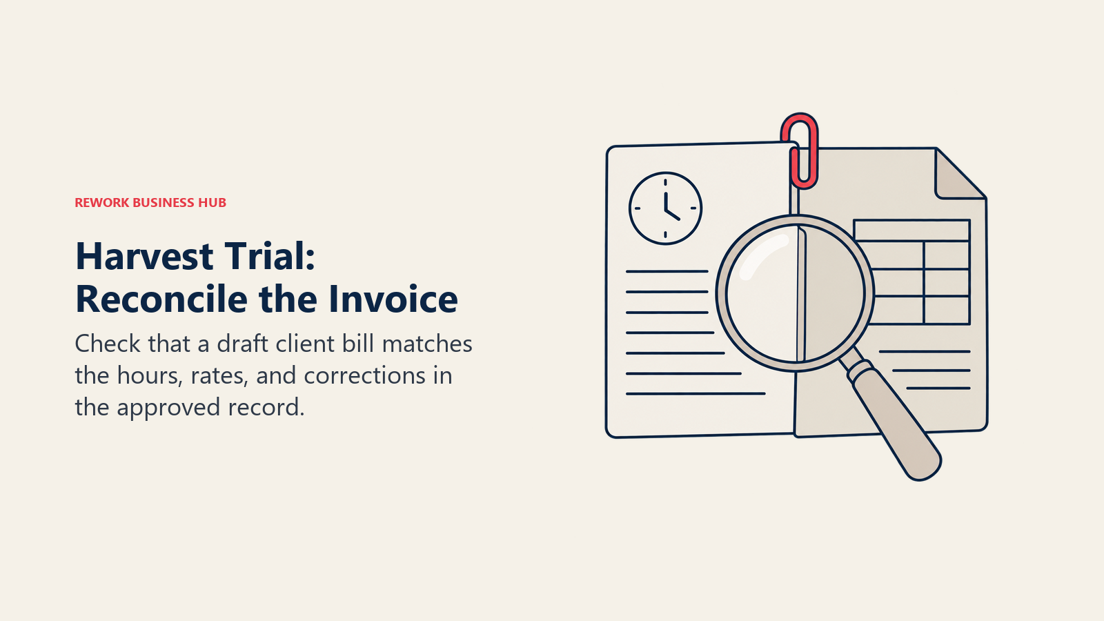 A magnifier checks aligned time and invoice documents during Harvest billing reconciliation