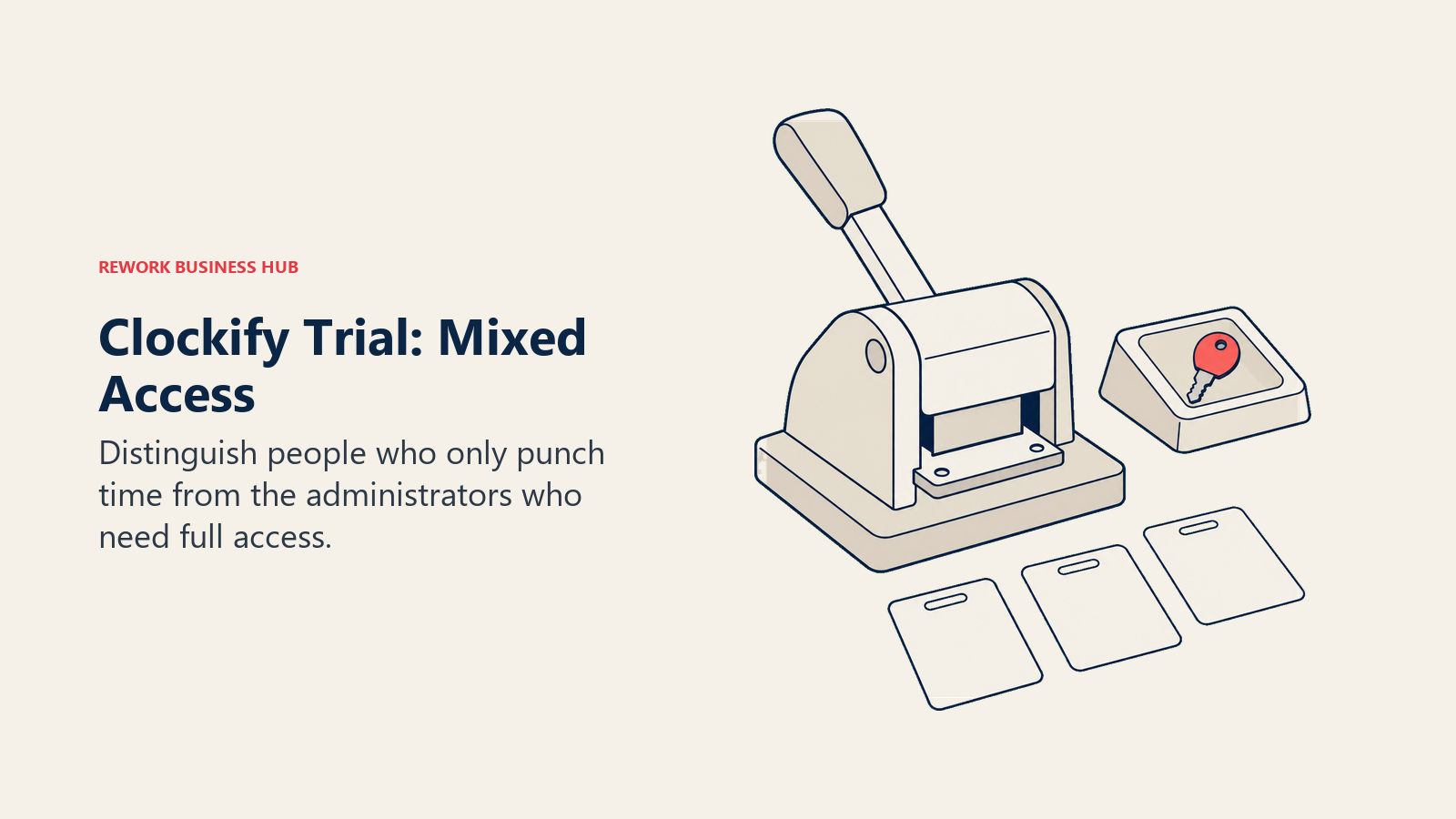 A punch kiosk, worker badges, and separate admin key illustrate mixed-access evaluation in Clockify