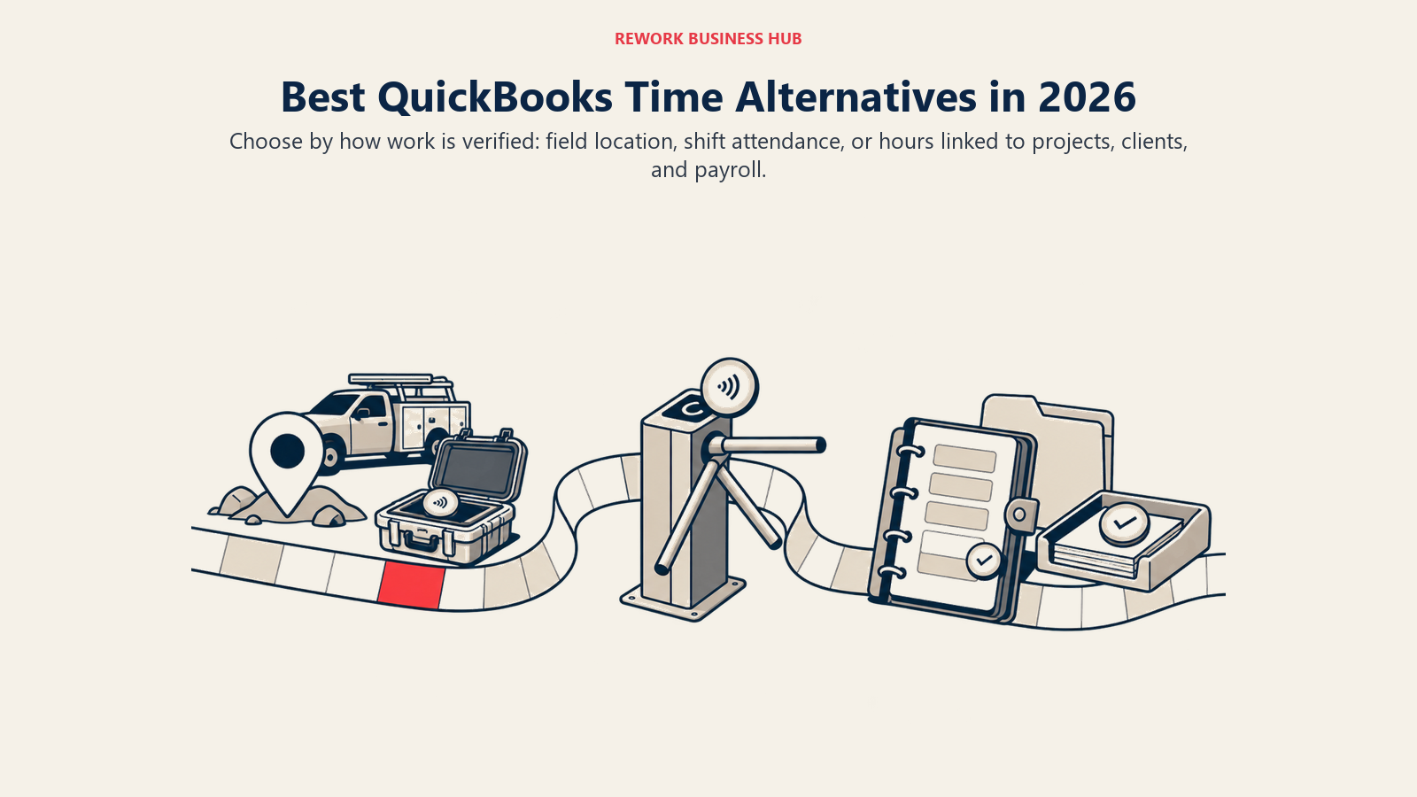 QuickBooks Time alternatives shown as three ways to verify work through field location, shift attendance, or project hours
