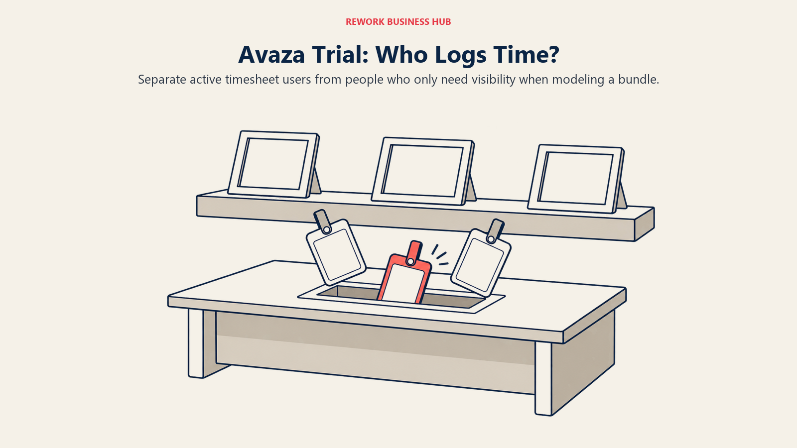 Submission badges and viewing frames distinguish active timesheet users from observers in an Avaza evaluation