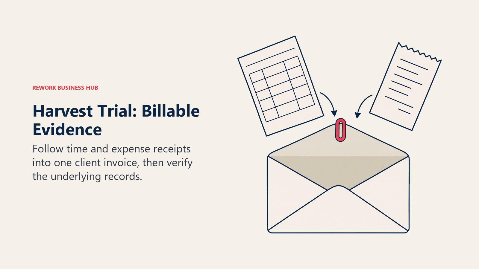 A time slip and expense receipt enter one invoice envelope during a Harvest billable-evidence trial