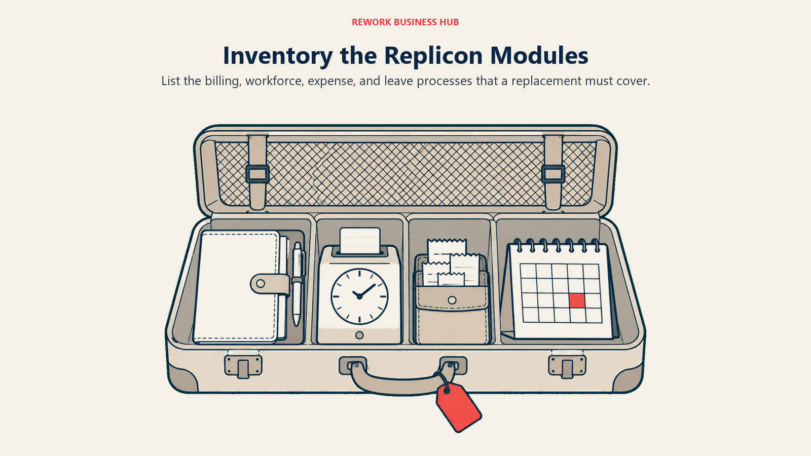 A fitted case inventories billing, workforce, expenses, and leave requirements before replacing Replicon