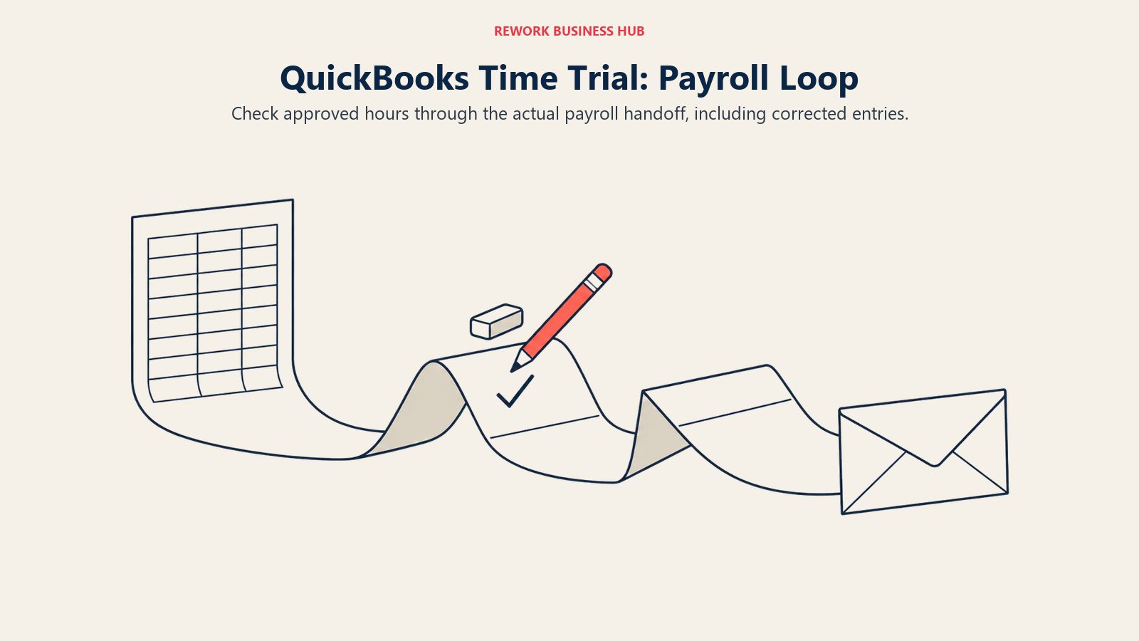 A corrected time record follows a paper track into a payroll envelope in a QuickBooks Time trial