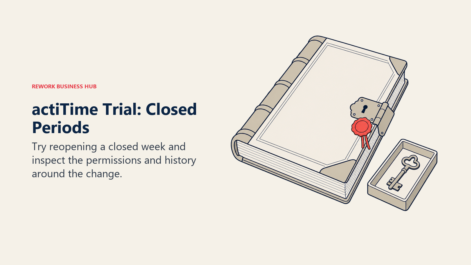 A clasped weekly ledger and separately held key illustrate checking closed-period permissions in actiTime