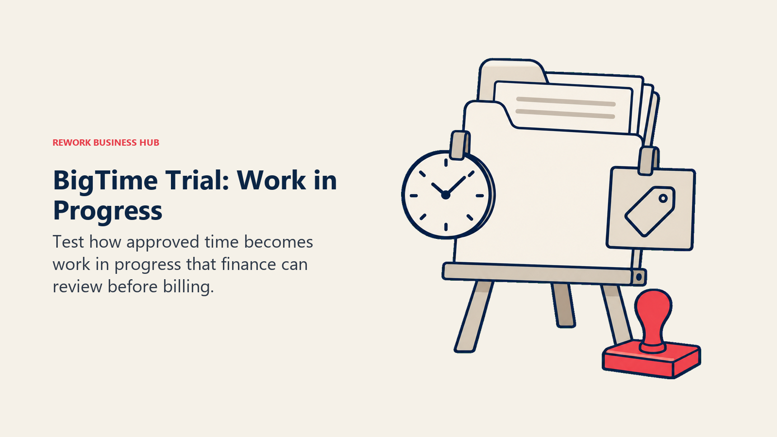 An inspection easel holds work-in-progress records, a clock, and a rate tag for a BigTime billing review