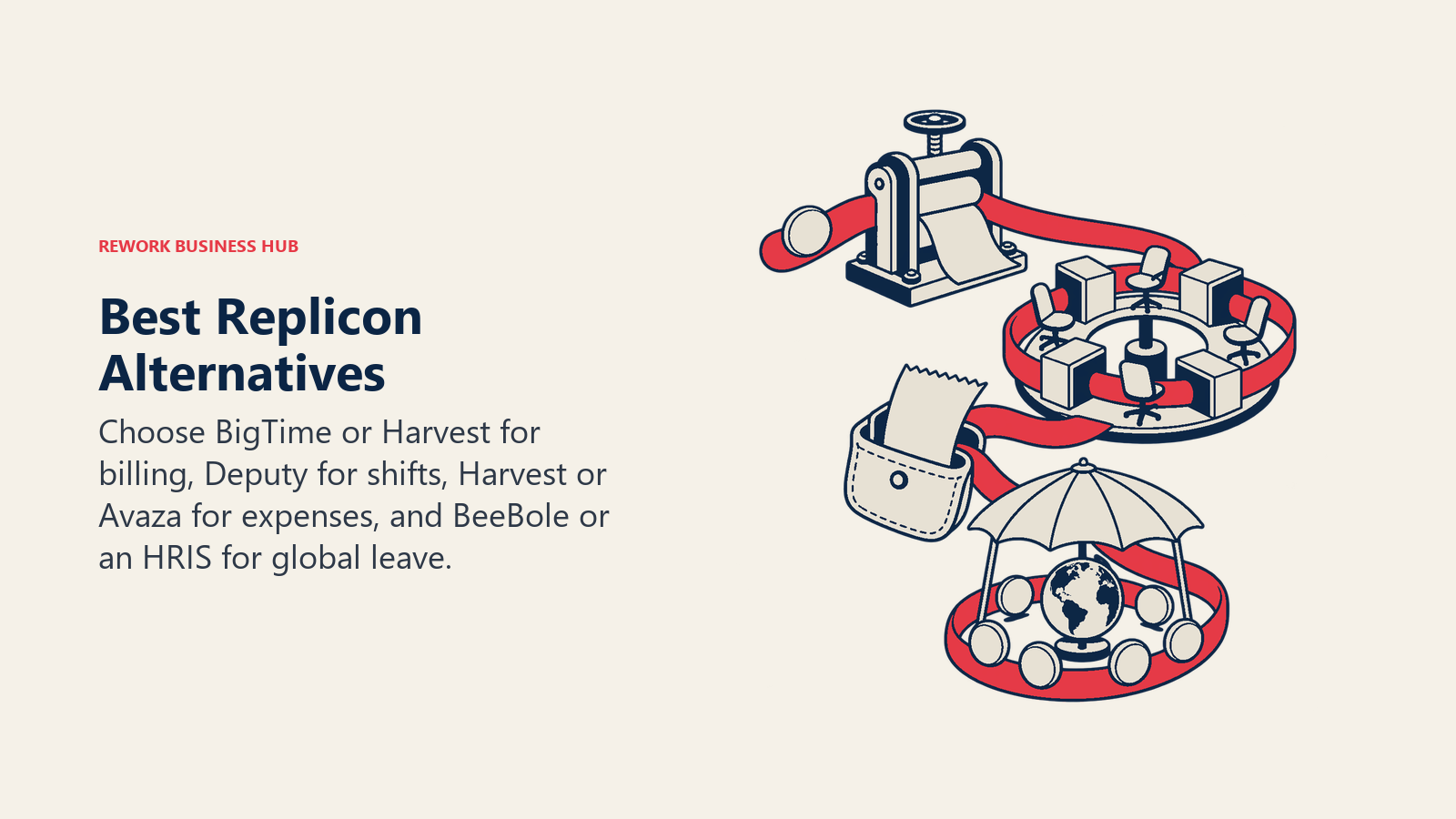 Best Replicon alternatives shown as one time ribbon passing through billing, shifts, expenses, and global leave mechanisms