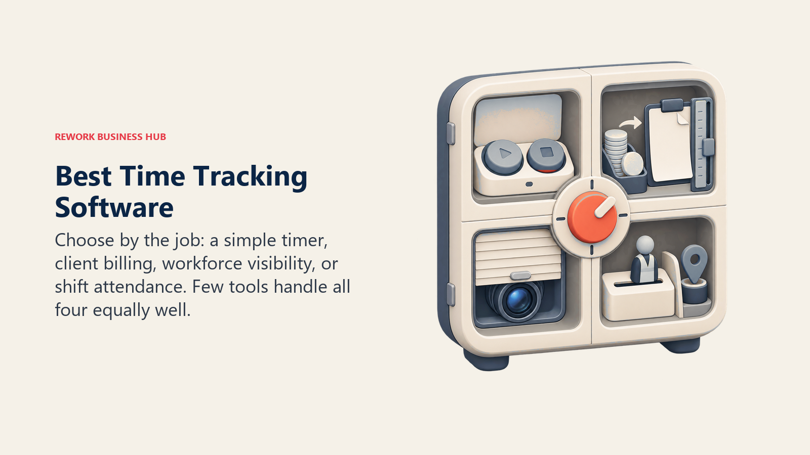 Best time tracking software shown as a four-job selector for timers, client billing, workforce visibility, and shift attendance