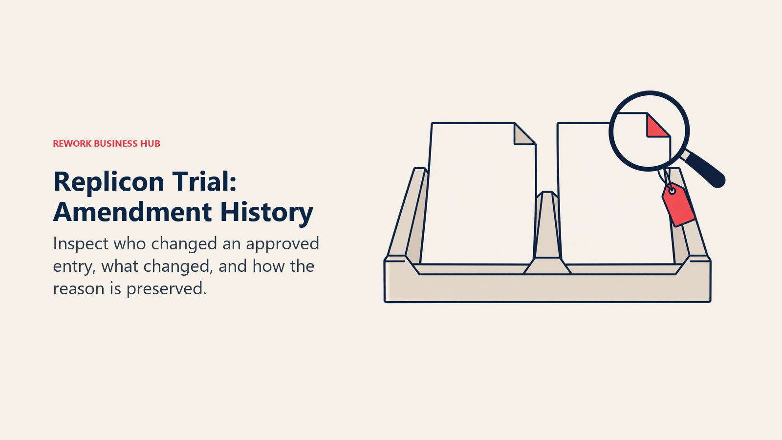 A magnifier examines the changed corner of two archived records during a Replicon amendment-history trial