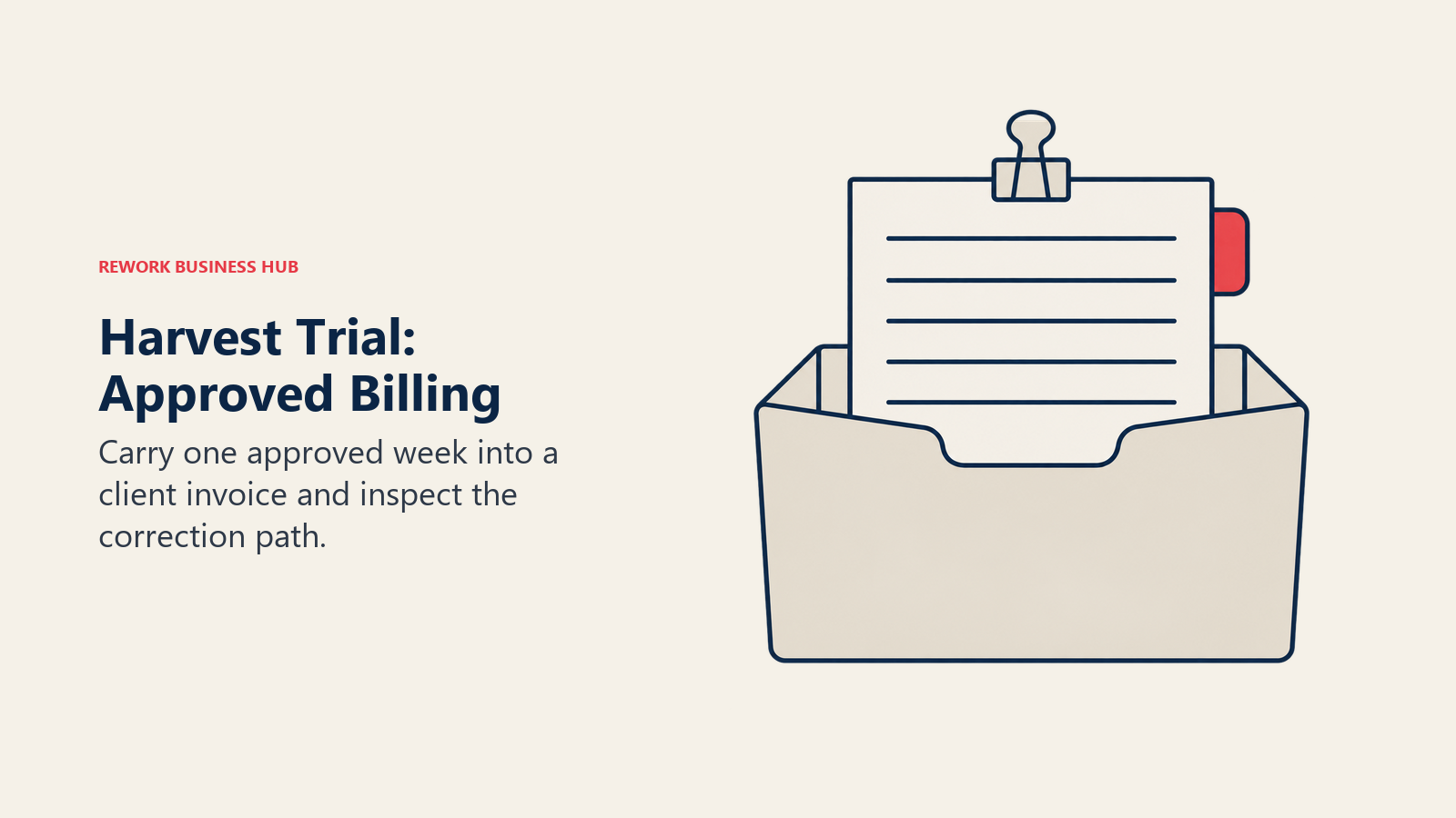 An approved weekly sheet inside an invoice folder illustrates testing Harvest billing and correction