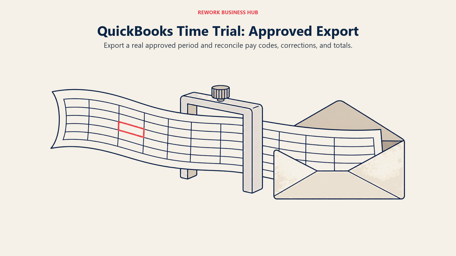 A time record passes an alignment gauge into a payroll envelope during an approved-export trial