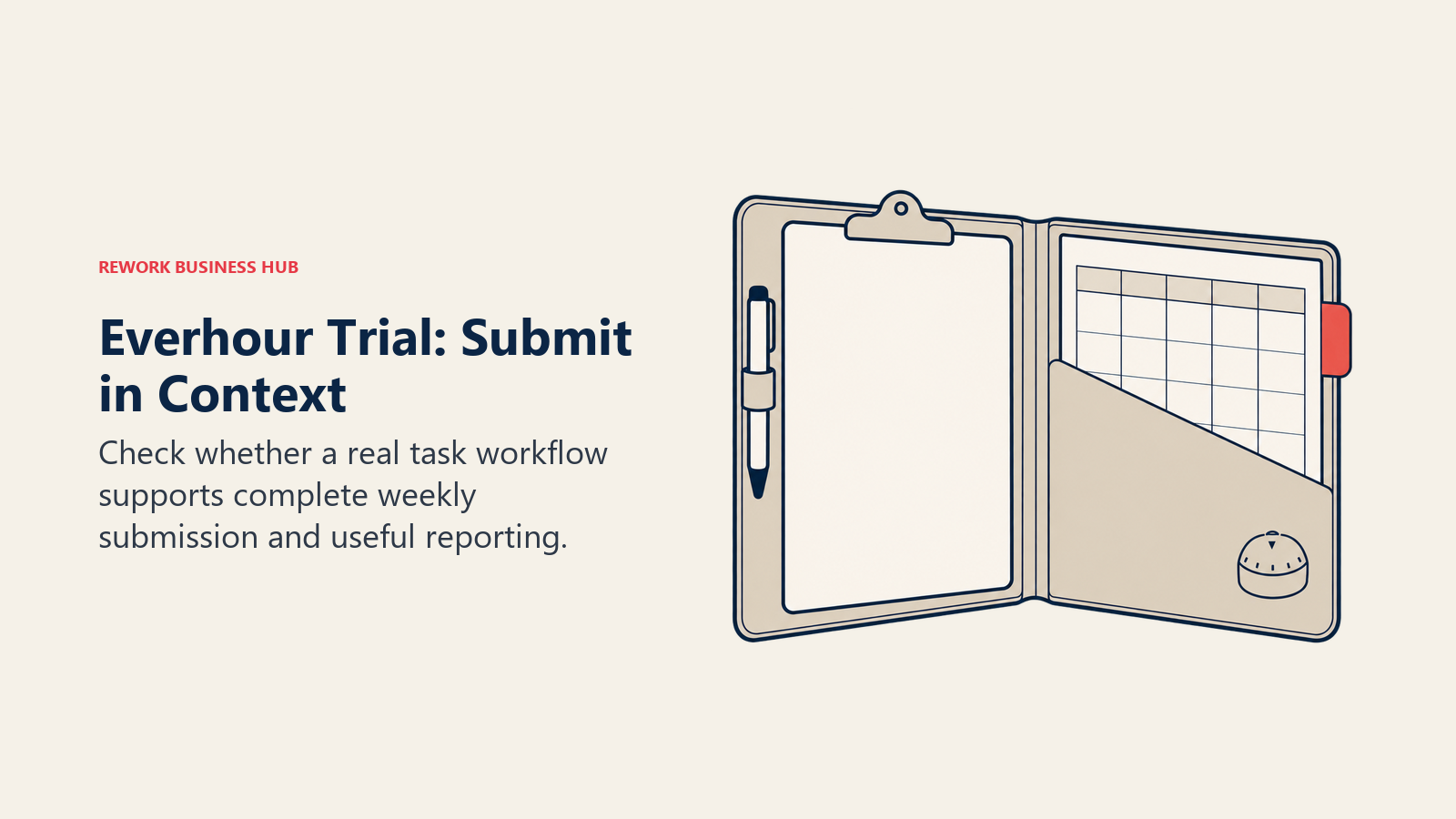 A project workboard holds a weekly submission sheet in a built-in pocket for an Everhour trial
