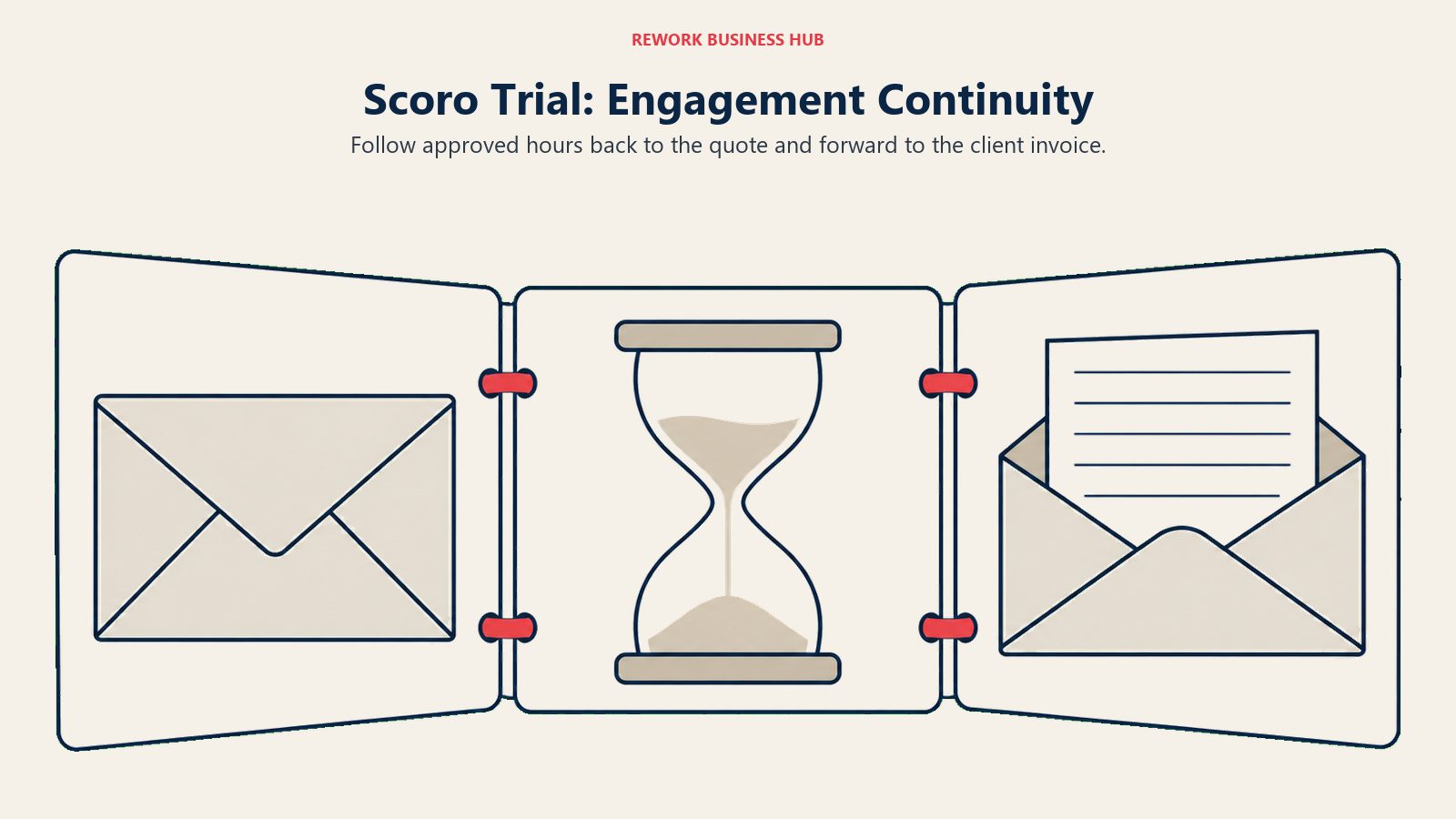 A bound engagement folio joins a proposal, approved hours, and invoice for a Scoro continuity trial