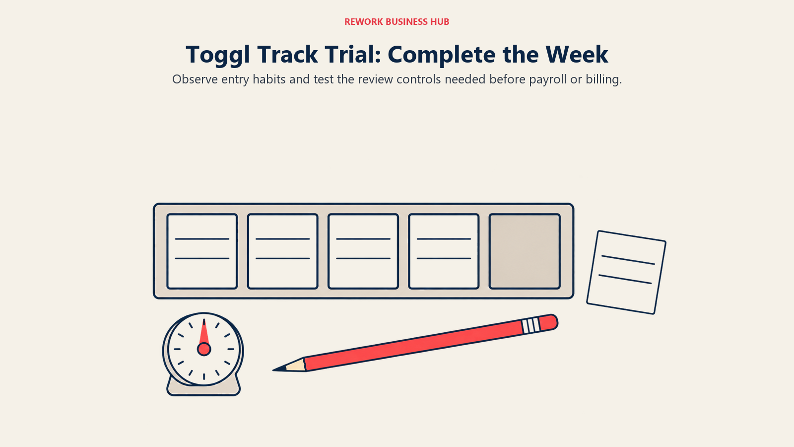 A missing entry slip, timer, and pencil illustrate completing a weekly time record in a Toggl Track trial