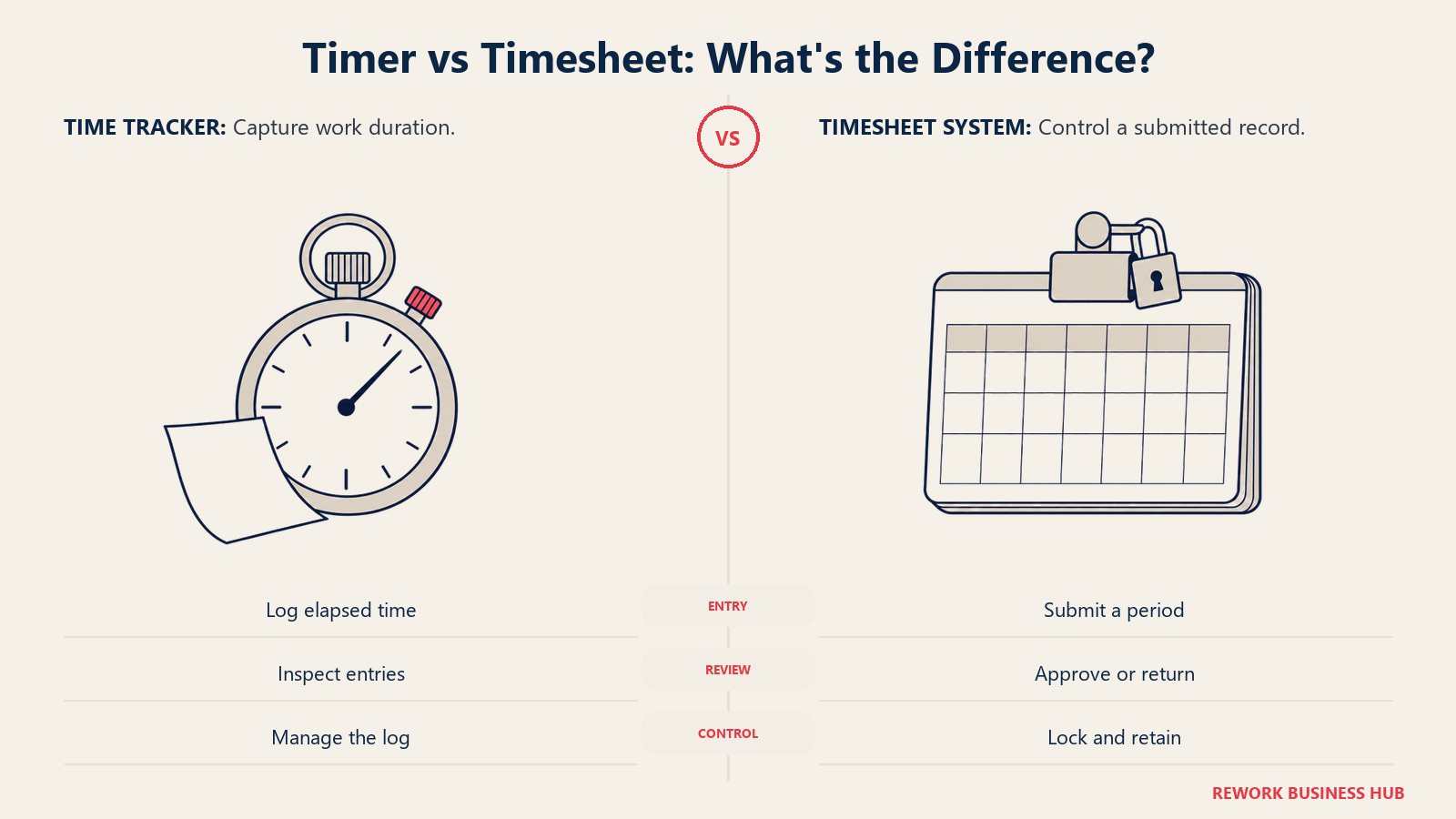 A stopwatch and controlled weekly ledger compare time capture with timesheet submission and approval