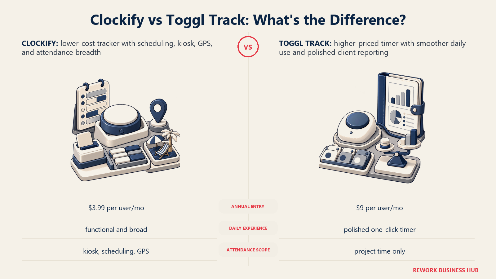 Clockify vs Toggl Track shown as a modular low-cost timekeeping station beside a streamlined timer and reporting instrument