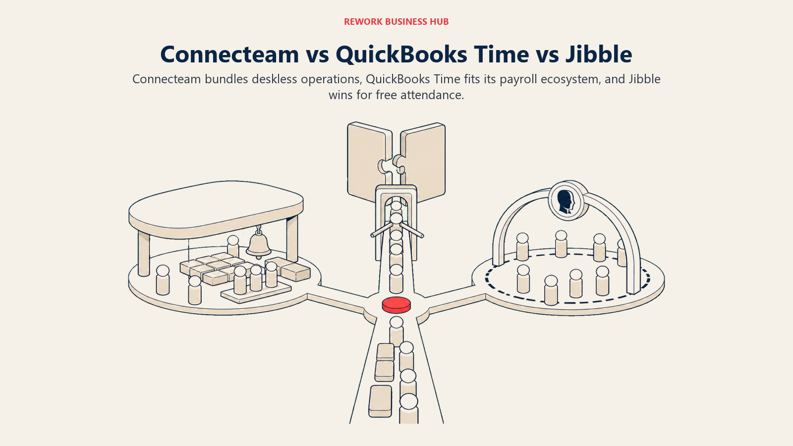 Three-lane workforce timekeeping junction comparing flat hub, per-employee payroll, and free attendance models