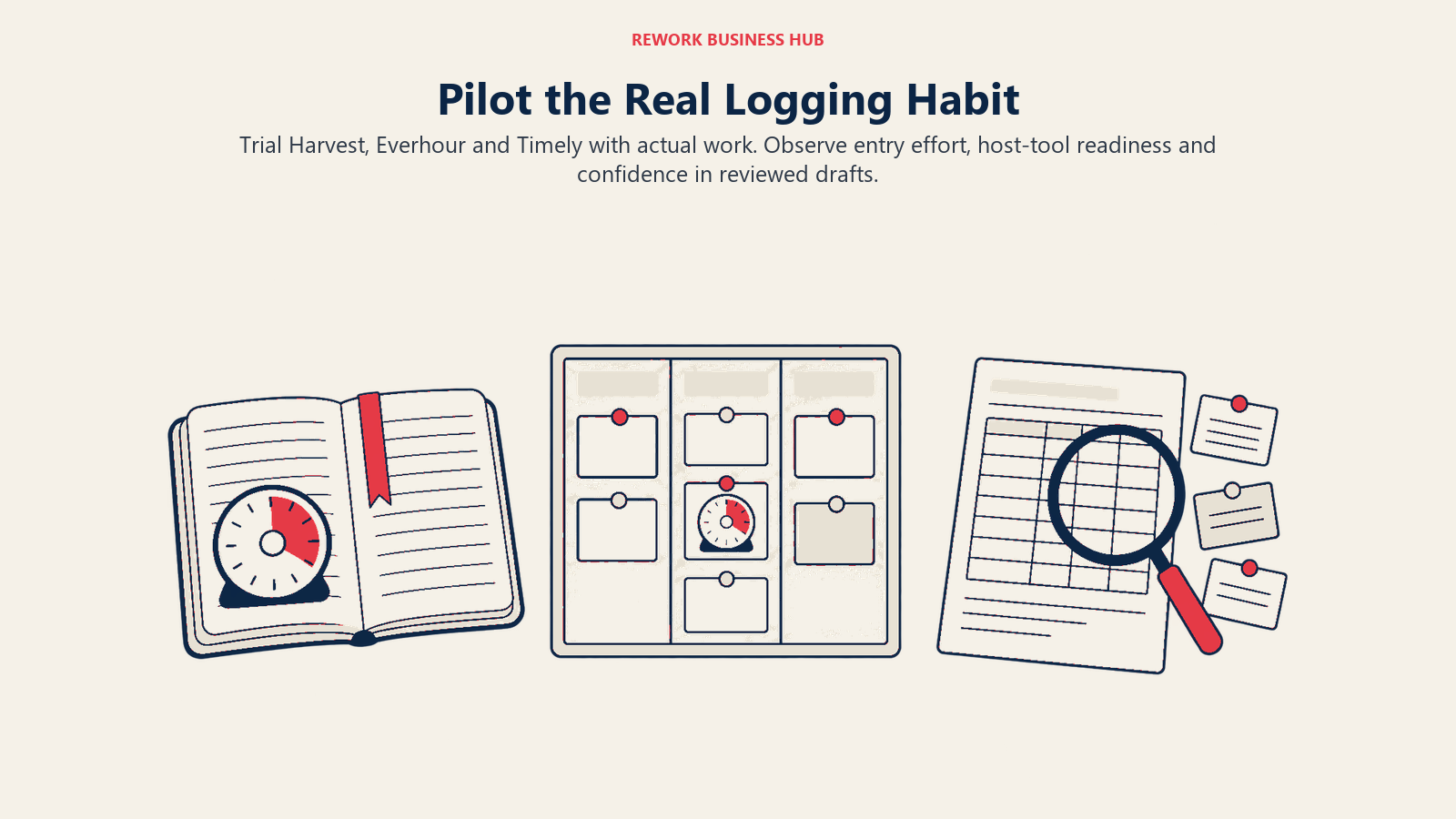 Pilot the Real Logging Habit: Trial Harvest, Everhour and Timely with actual work. Observe entry effort, host-tool readiness and confidence in reviewed drafts.