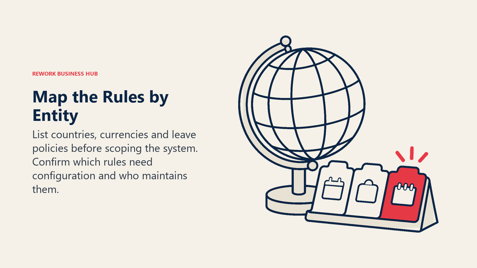 Map the Rules by Entity: List countries, currencies and leave policies before scoping the system. Confirm which rules need configuration and who maintains them.