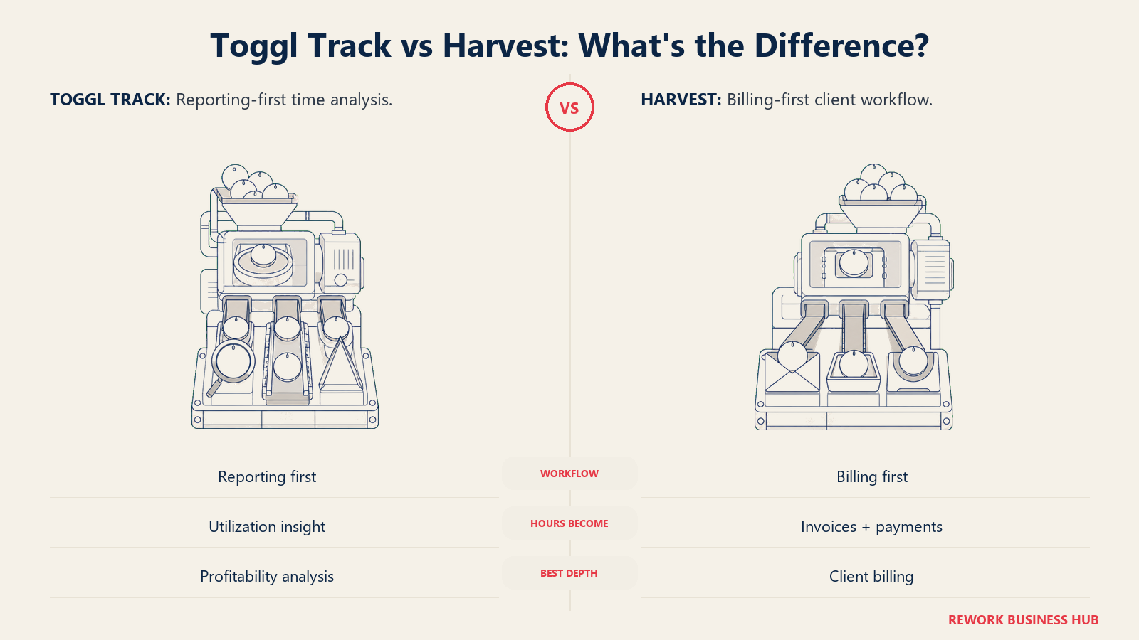 Toggl Track reporting instrument compared with Harvest invoicing and payment workflow