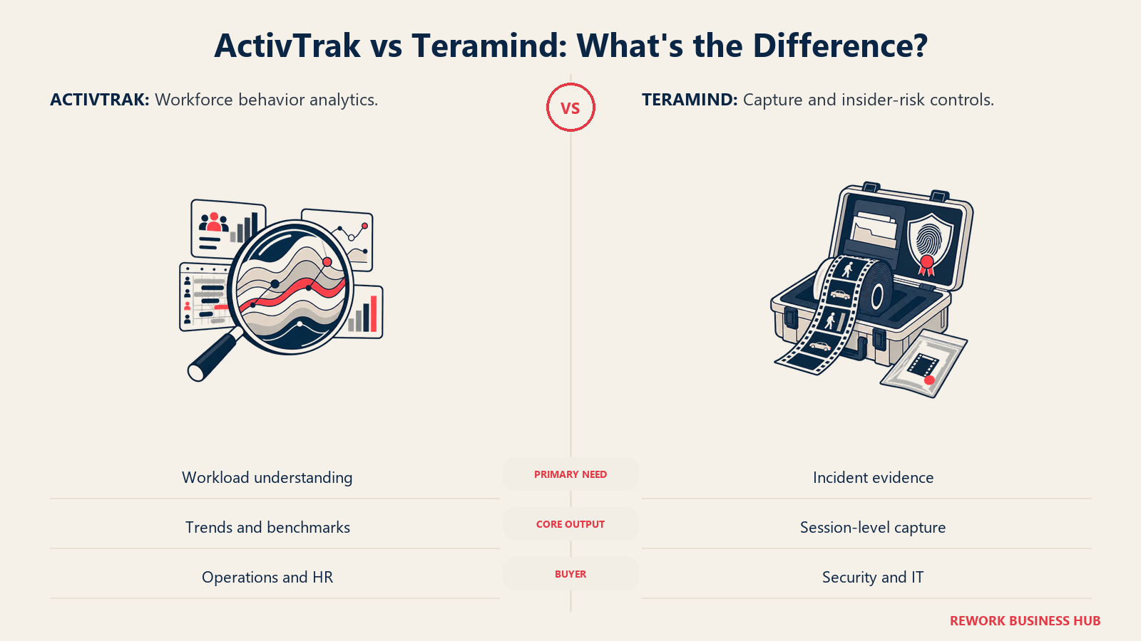 ActivTrak vs Teramind illustrated by aggregate lens vs evidence case