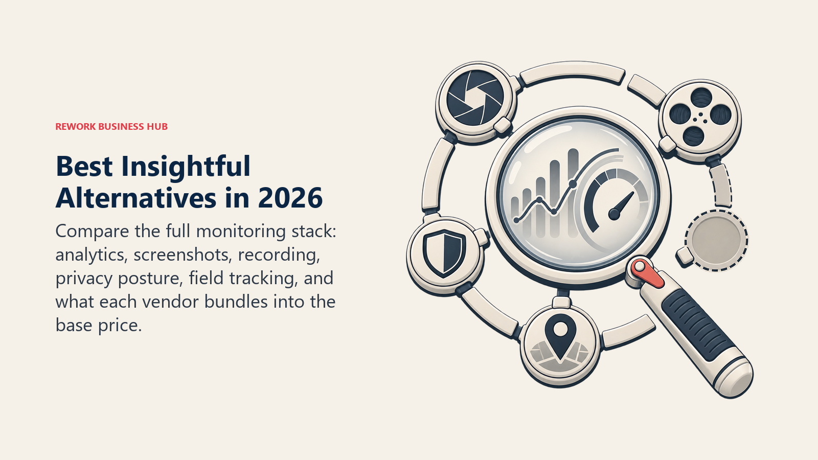 Best Insightful alternatives shown as a workforce analytics lens with modular screenshot, recording, privacy, and GPS monitoring controls