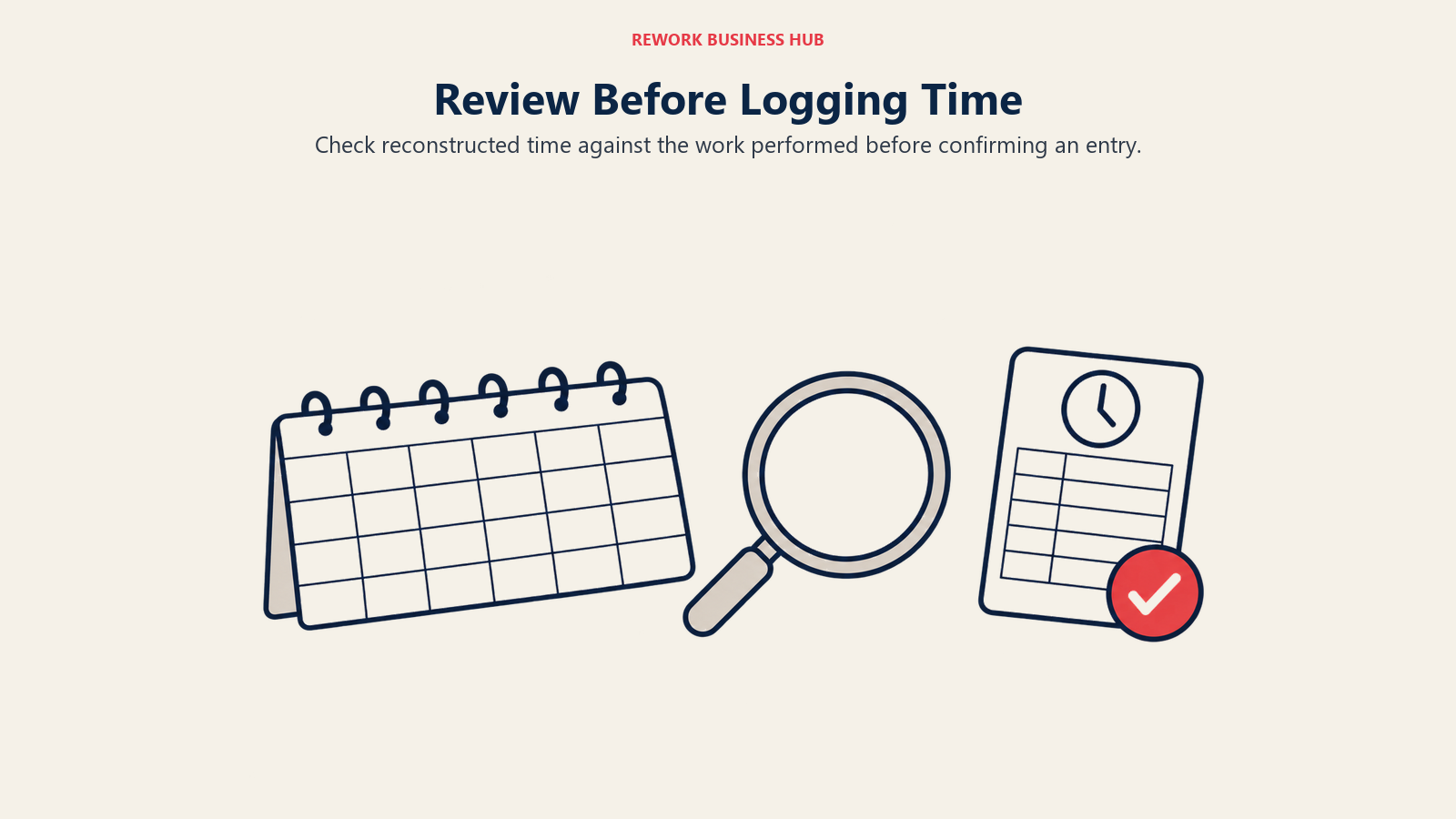 Review Before Logging Time illustrated by calendar review timecard
