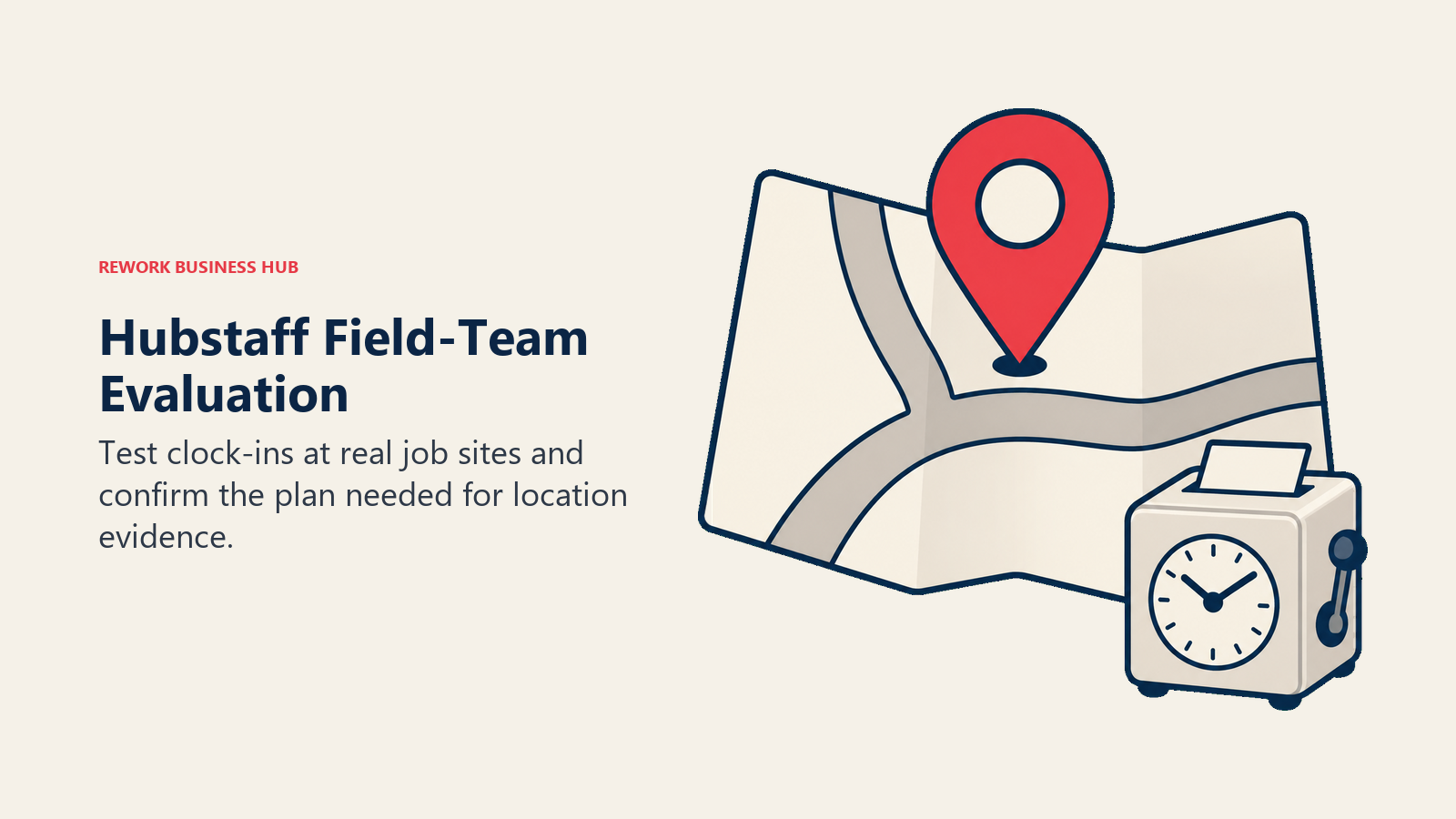 Location pin over a route map and punch clock for a Hubstaff field-team pilot