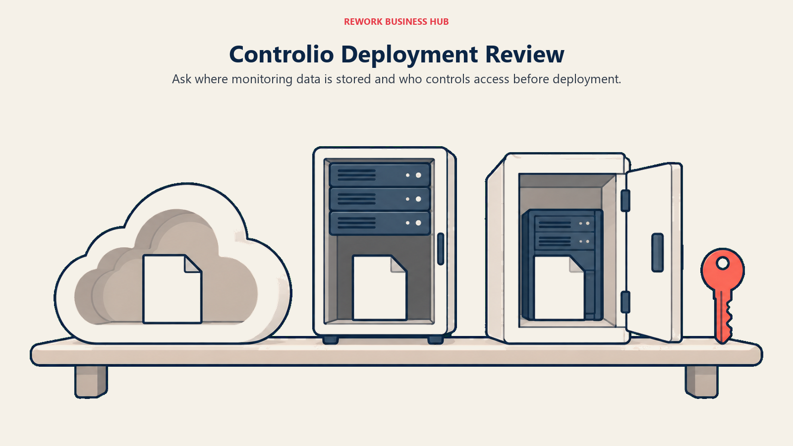 Cloud, office server and private enclosure illustrating three Controlio deployment questions