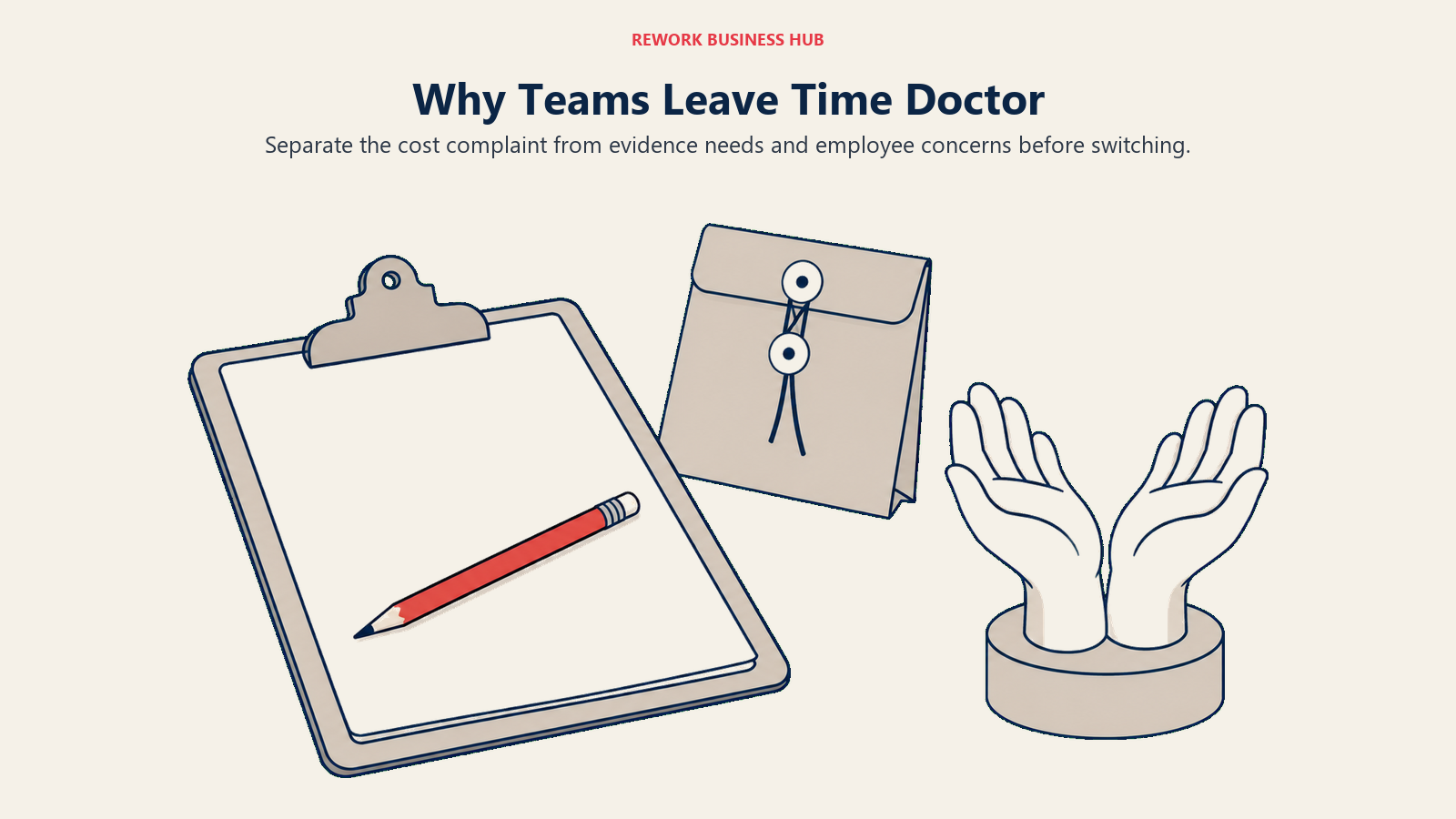 Invoice, evidence envelope and open hands separating Time Doctor switching concerns