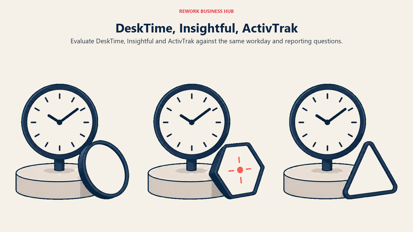 Three equally sized clock-and-lens stations for DeskTime, Insightful and ActivTrak evaluation