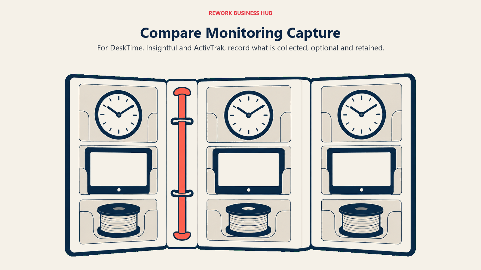 Three equal evidence-binder compartments for comparing capture and retention across monitoring tools