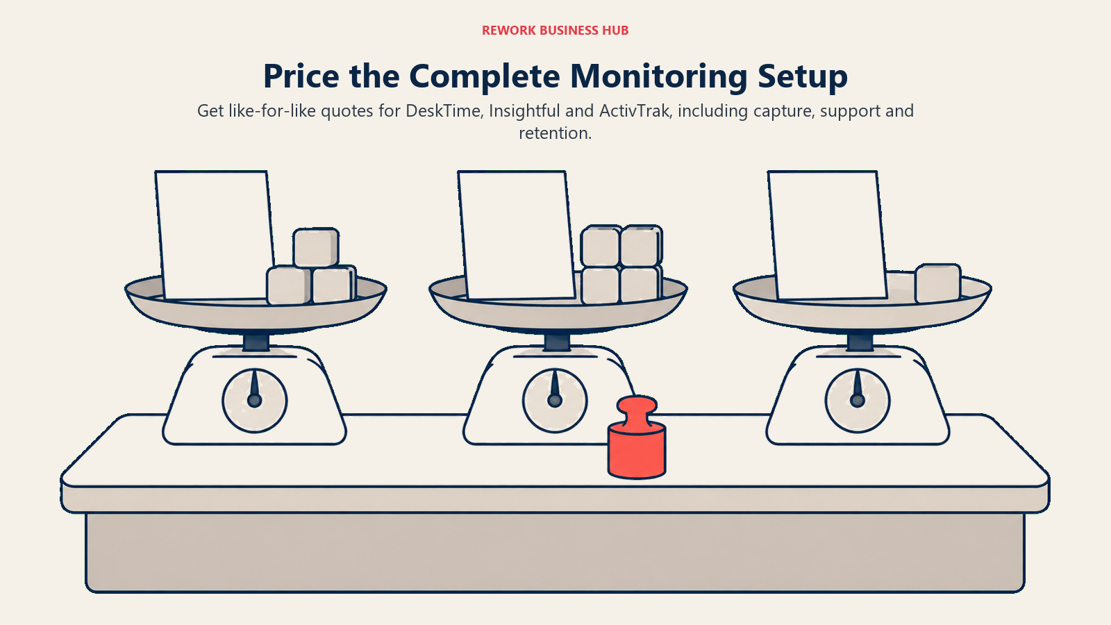 Three equal quote trays illustrating like-for-like monitoring setup estimates