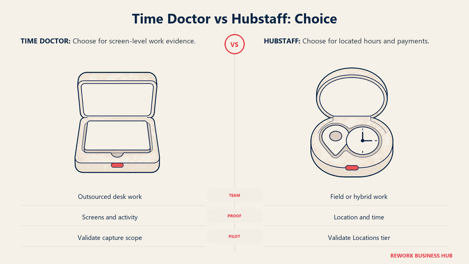 Screen evidence tile and location-clock tile in matching cases for choosing Time Doctor or Hubstaff