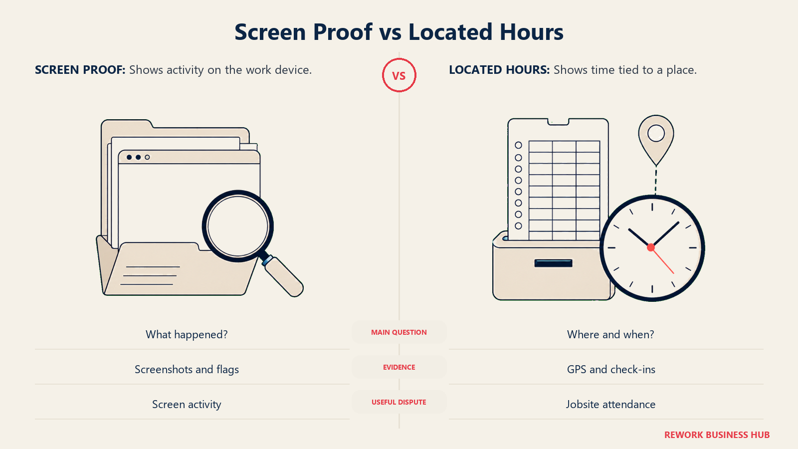 Screen evidence folder and location-stamped time card comparing proof of work with proof of hours