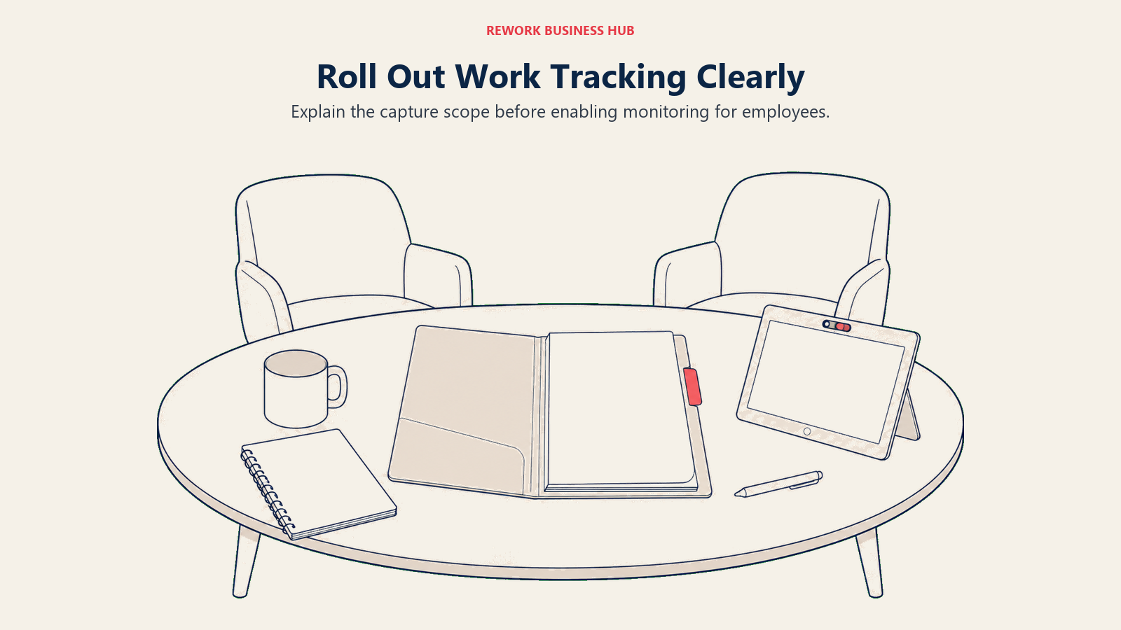 Policy folder, team briefing table and privacy shutter illustrating time-tracking rollout communication