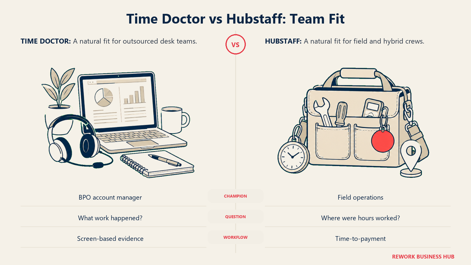 Remote-work desk and field-service satchel comparing Time Doctor and Hubstaff team fit