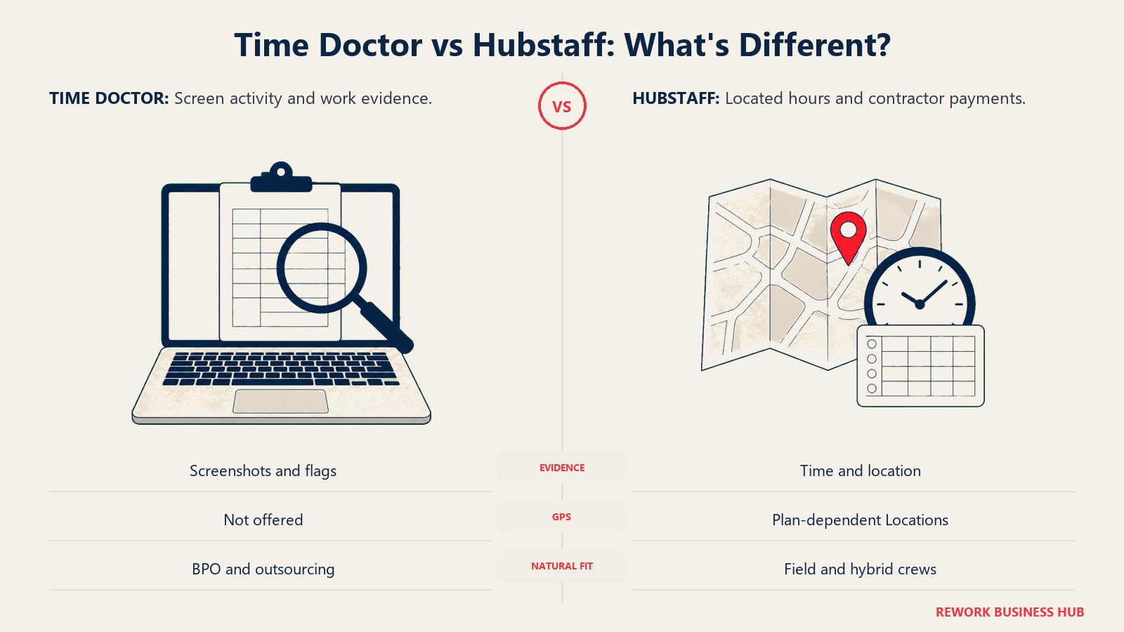 Screen evidence and jobsite map with clock comparing Time Doctor with Hubstaff
