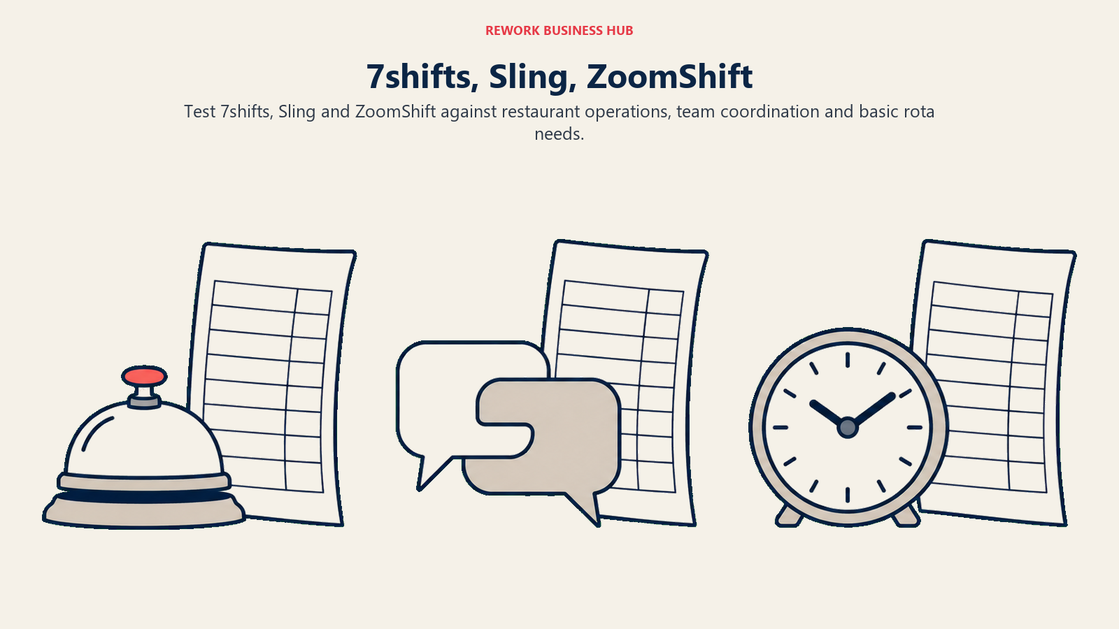 Restaurant bell, messages and clock representing three scheduling jobs for 7shifts, Sling and ZoomShift