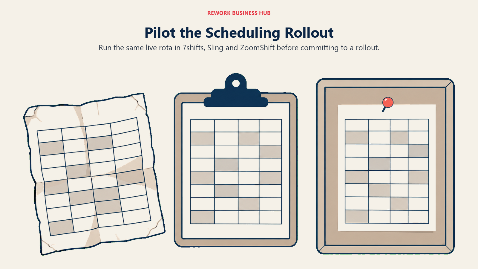 Old paper rota, trial clipboard and published schedule illustrating a scheduling rollout pilot
