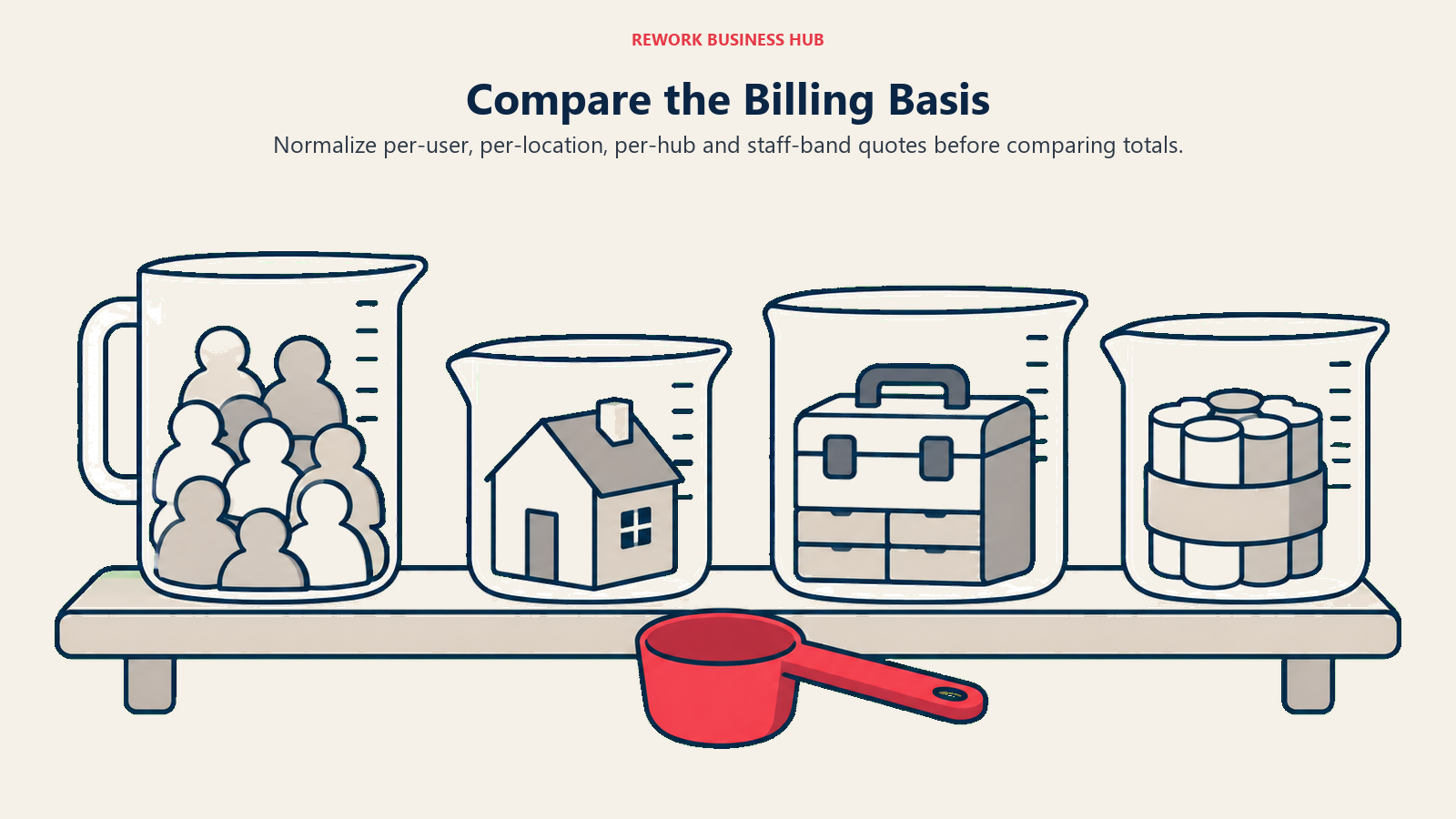 Four measuring containers representing per-user, per-location, per-hub and staff-band billing
