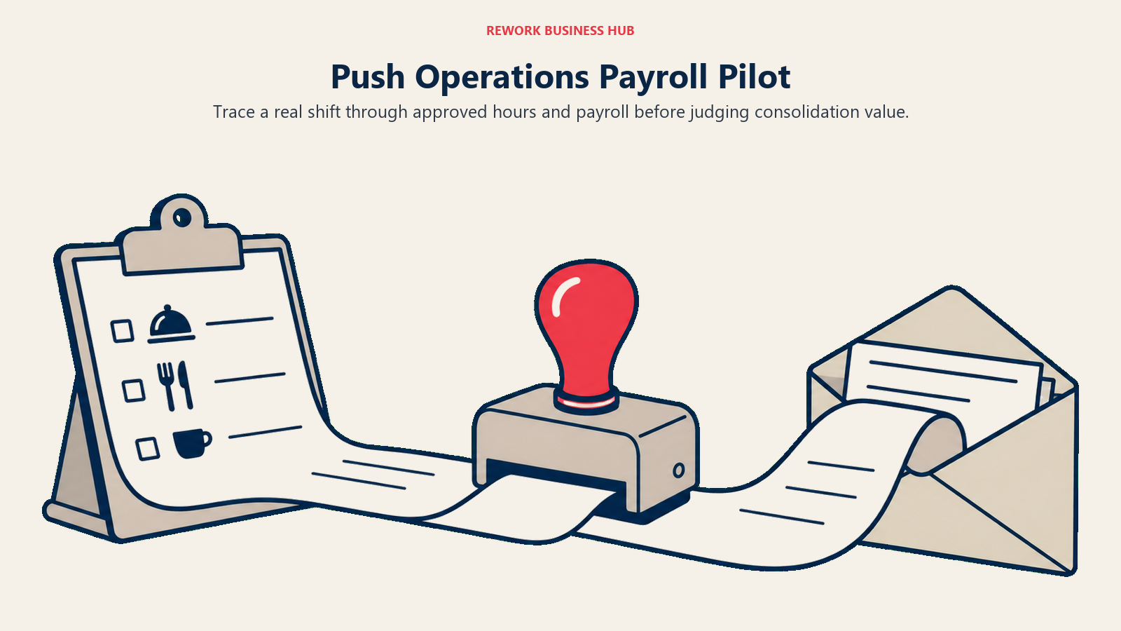 Shift record, approval stamp and payroll envelope illustrating a Push Operations payroll pilot