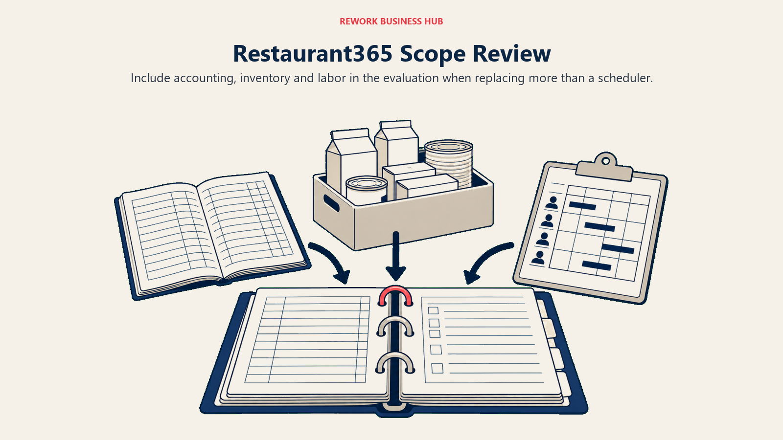 Ledger, pantry stock and staff rota feeding a binder illustrating Restaurant365 evaluation scope