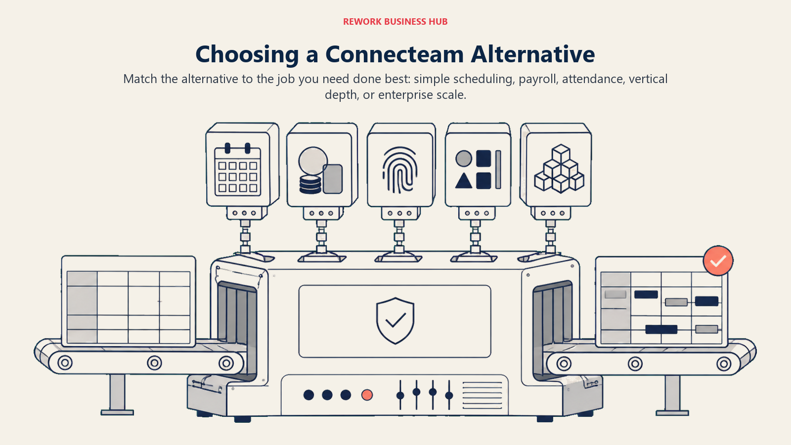 Connecteam alternative decision framework shown as a real two-week schedule tested against payroll, attendance, vertical, and scale needs