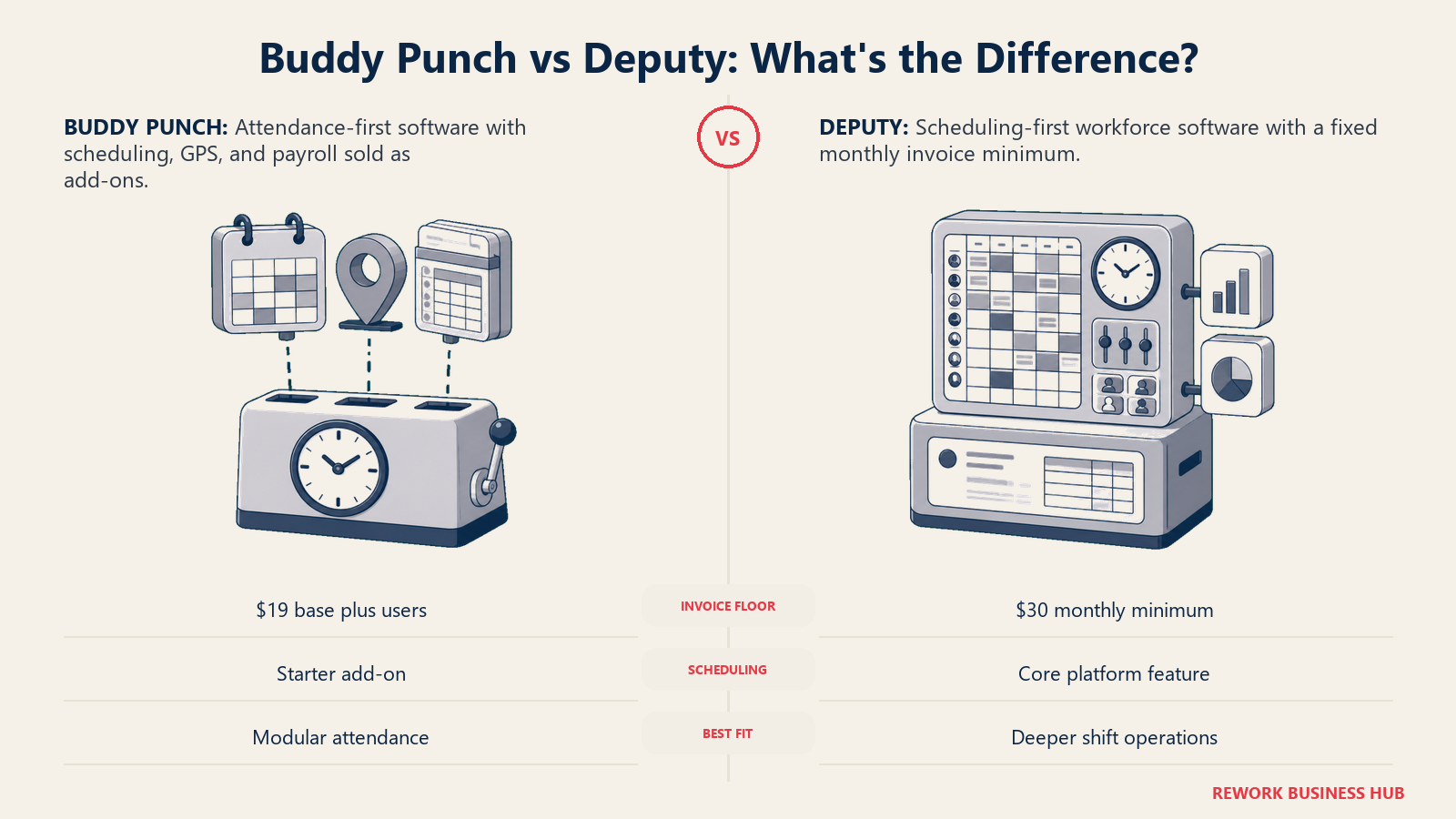 Buddy Punch vs Deputy comparison showing modular attendance add-ons beside an integrated scheduling platform with a fixed invoice minimum
