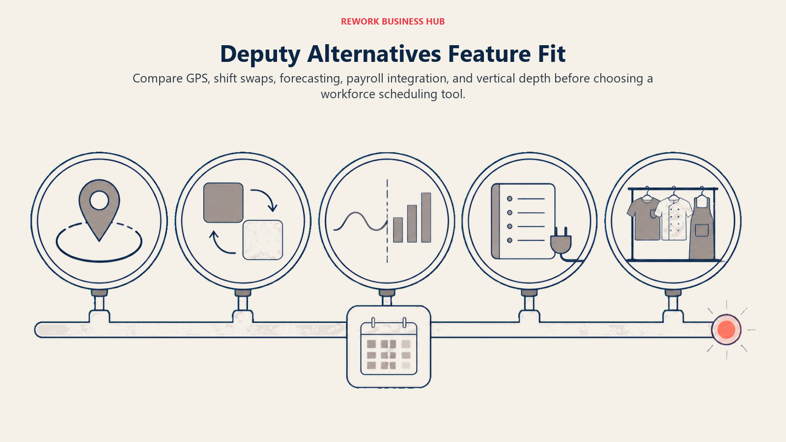 Deputy alternatives feature fit system comparing GPS, shift swaps, forecasting, payroll integration, and vertical focus