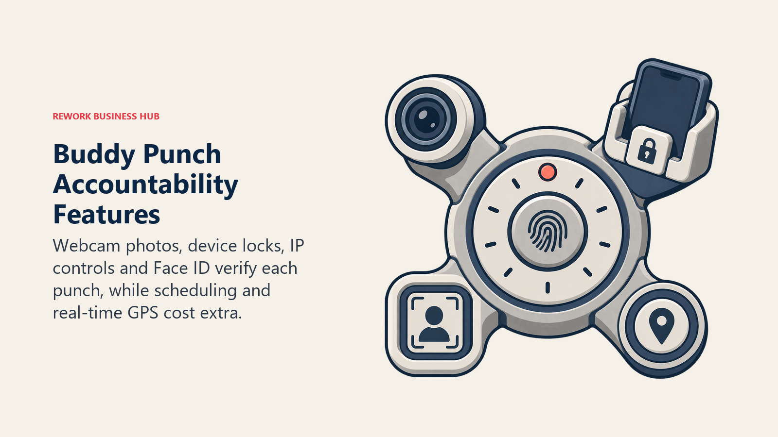 Buddy Punch clock-in accountability checkpoint with camera, device, identity, and location verification controls