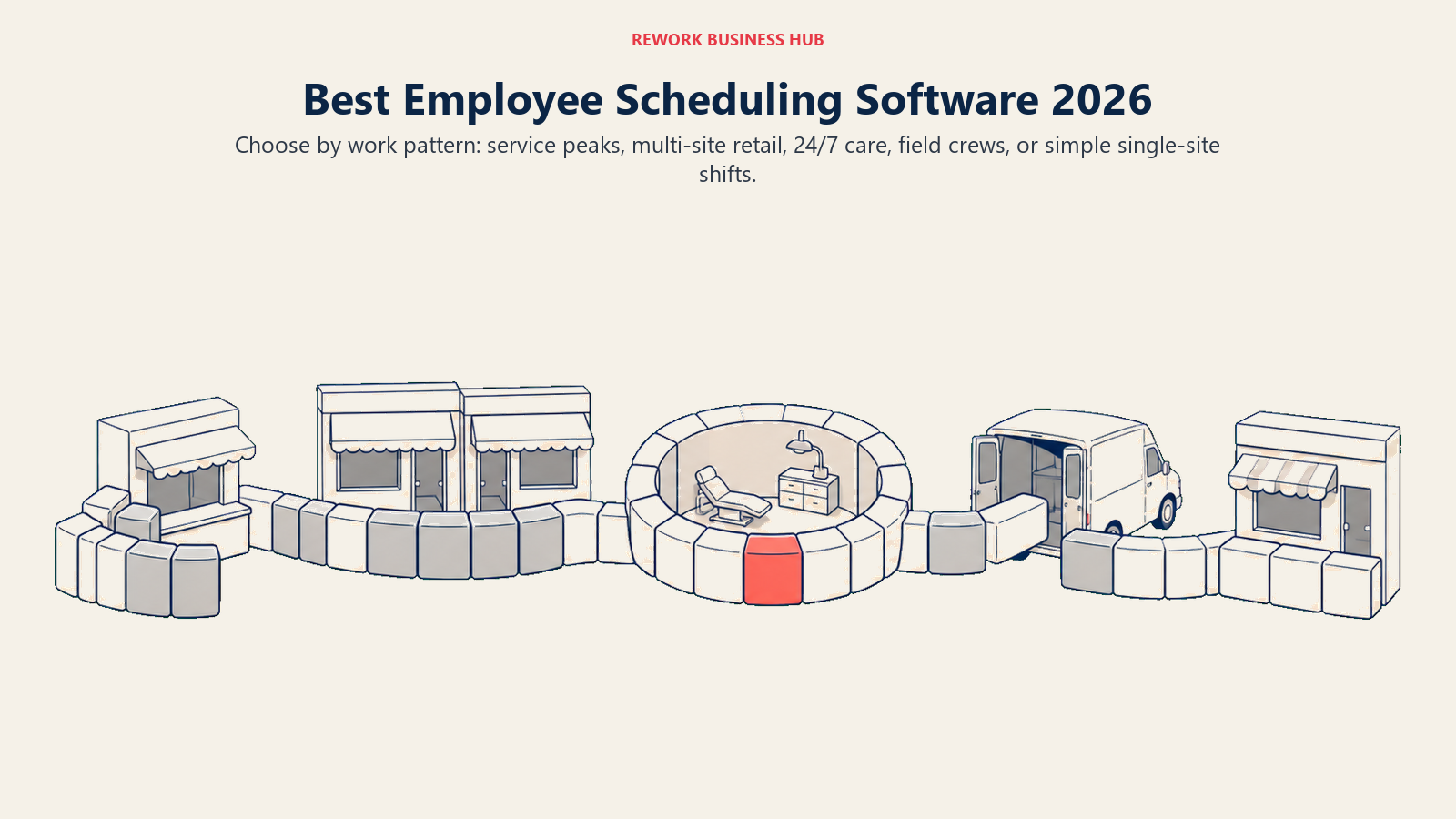 Five-part workforce rota showing scheduling needs for hospitality, retail, healthcare, field crews, and a small single-site team