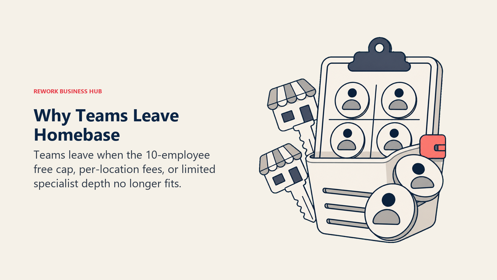 Why teams leave Homebase shown as an overfilled scheduling clipboard with staff tokens and new-location keys