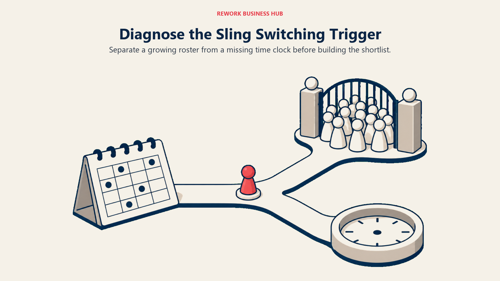 Rota path branching toward a crowded staff gate and an empty clock socket illustrating Sling switching triggers