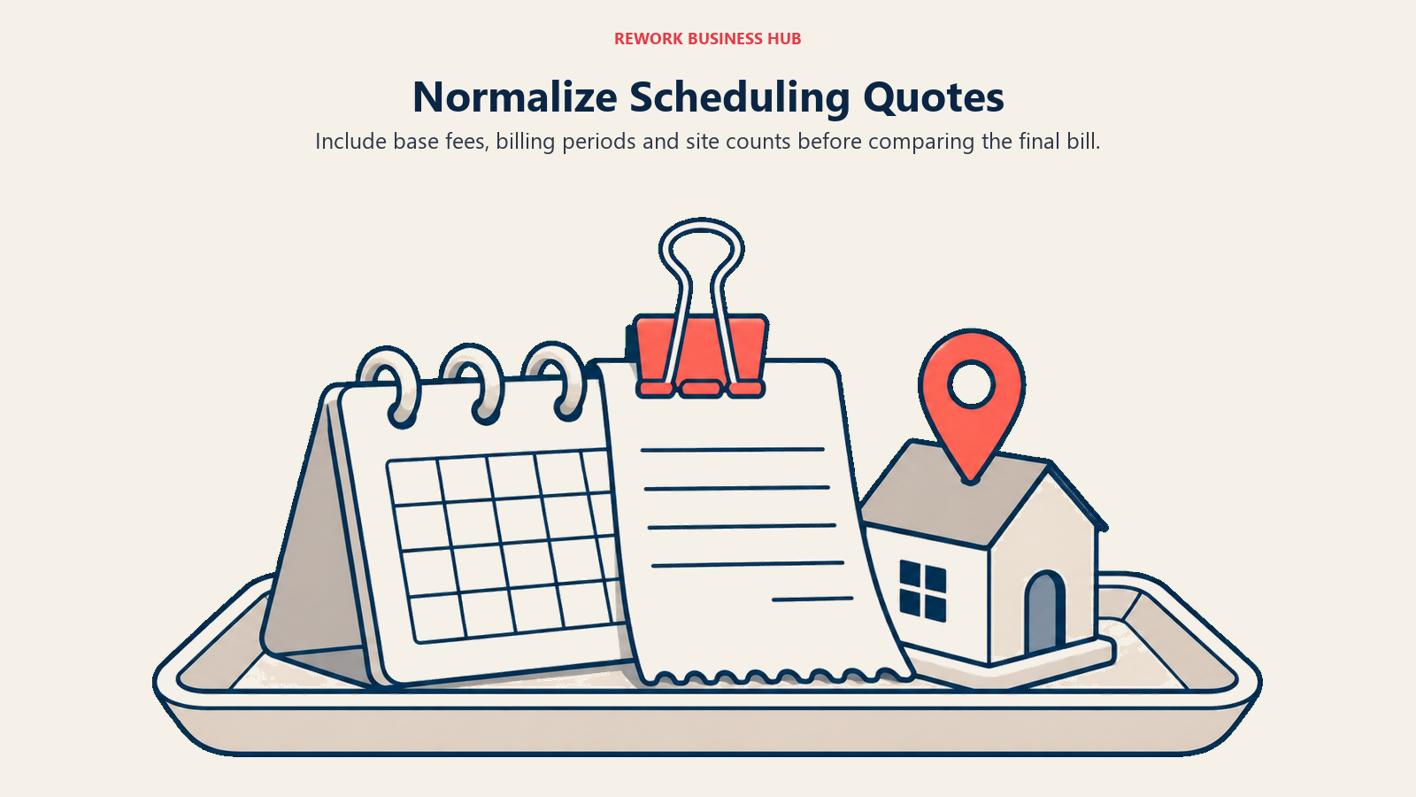 Calendar, base-fee receipt and site marker on one tray illustrating normalized scheduling quotes